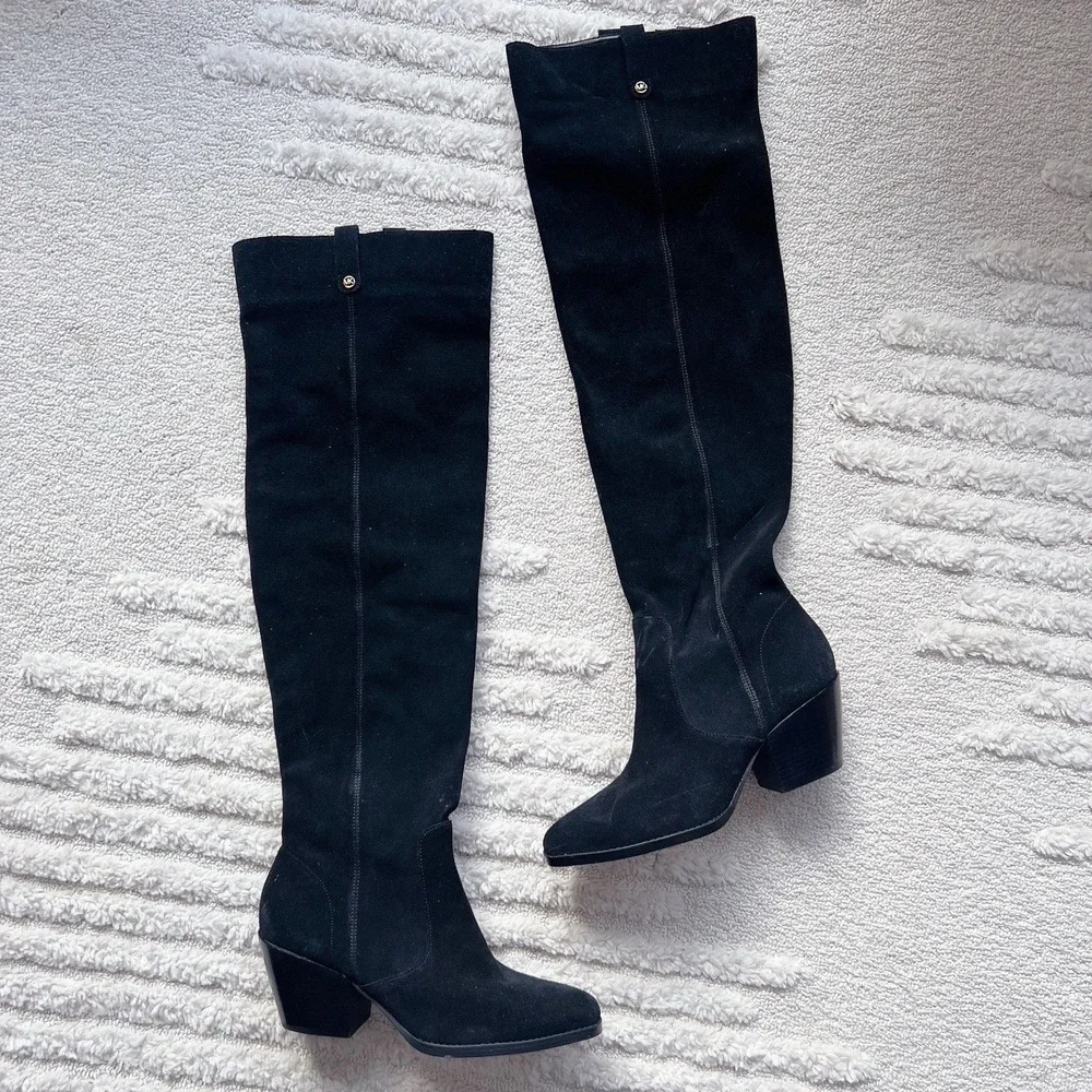 Michael Kors Harlow OTK Over The Knee Boots Black Suede Cuban Heel Side Zip US 8